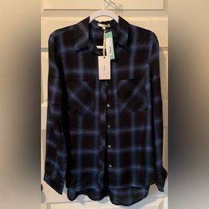 NWT- LAJU Blue/Black Plaid Button Up Top Size L